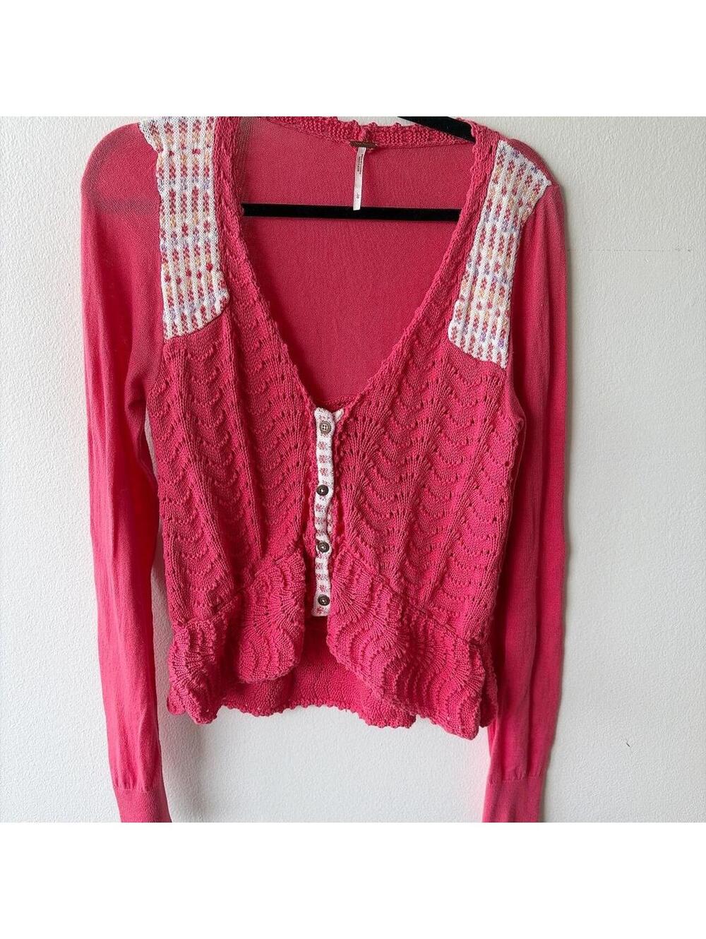 Free people Pink crochet cardigan with button-up front and long sleeves